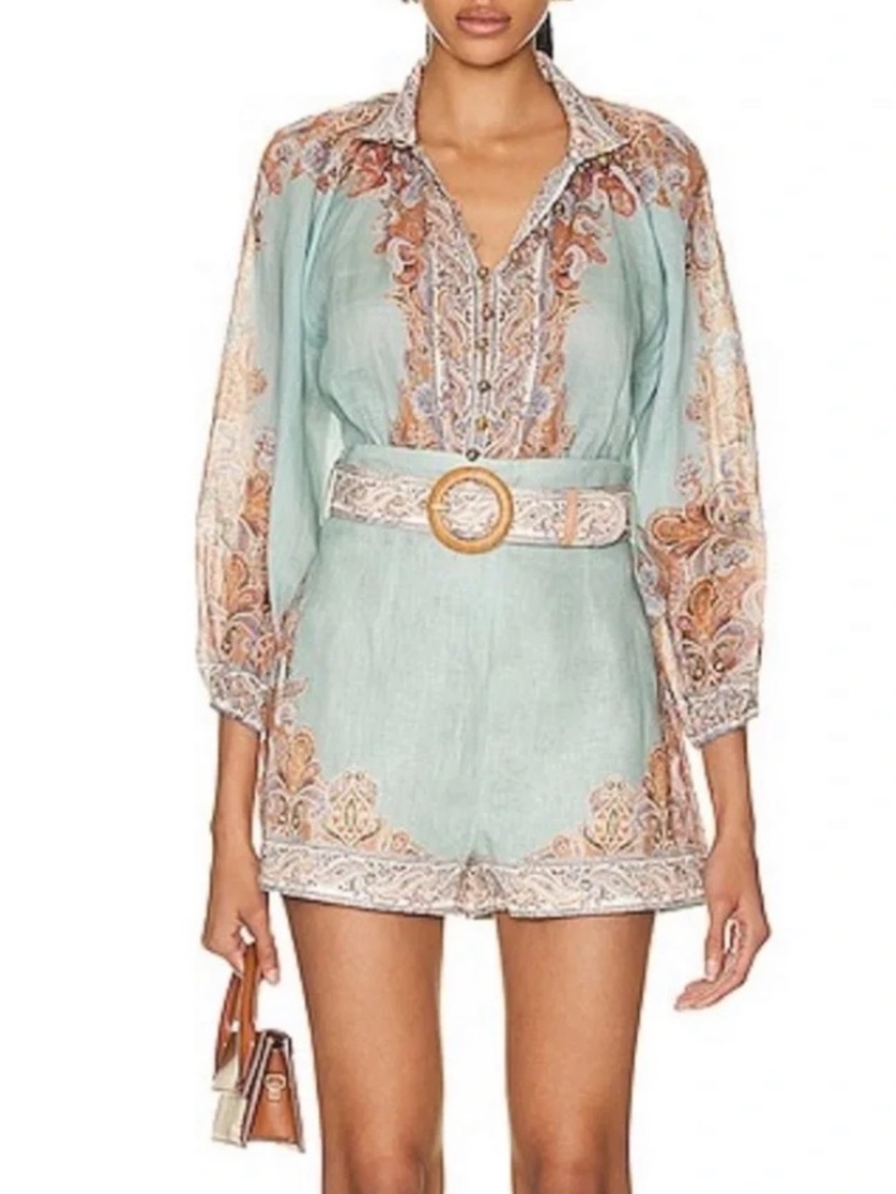 Zimmermann Devi Mint Paisley High-Waist Shorts with Woven Belt - Picture 5 of 8
